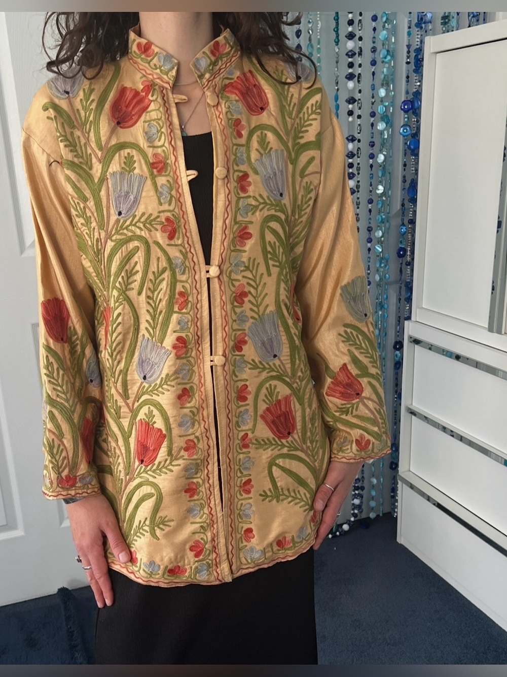 Soft Yellow Embroidered Long Tunic • Raw Silk Look & Feel • Red Blue Poppies - Picture 6 of 12
